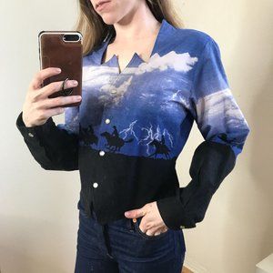 Vintage Wrangler Western Wear For Women Horse Landscape Button Down Medium